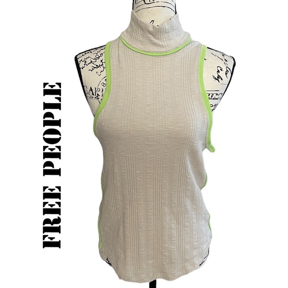 FREE PEOPLE MARLEY MOCK NECK RACER BACK TOP MEDIUM TAN LIME - Picture 2 of 7